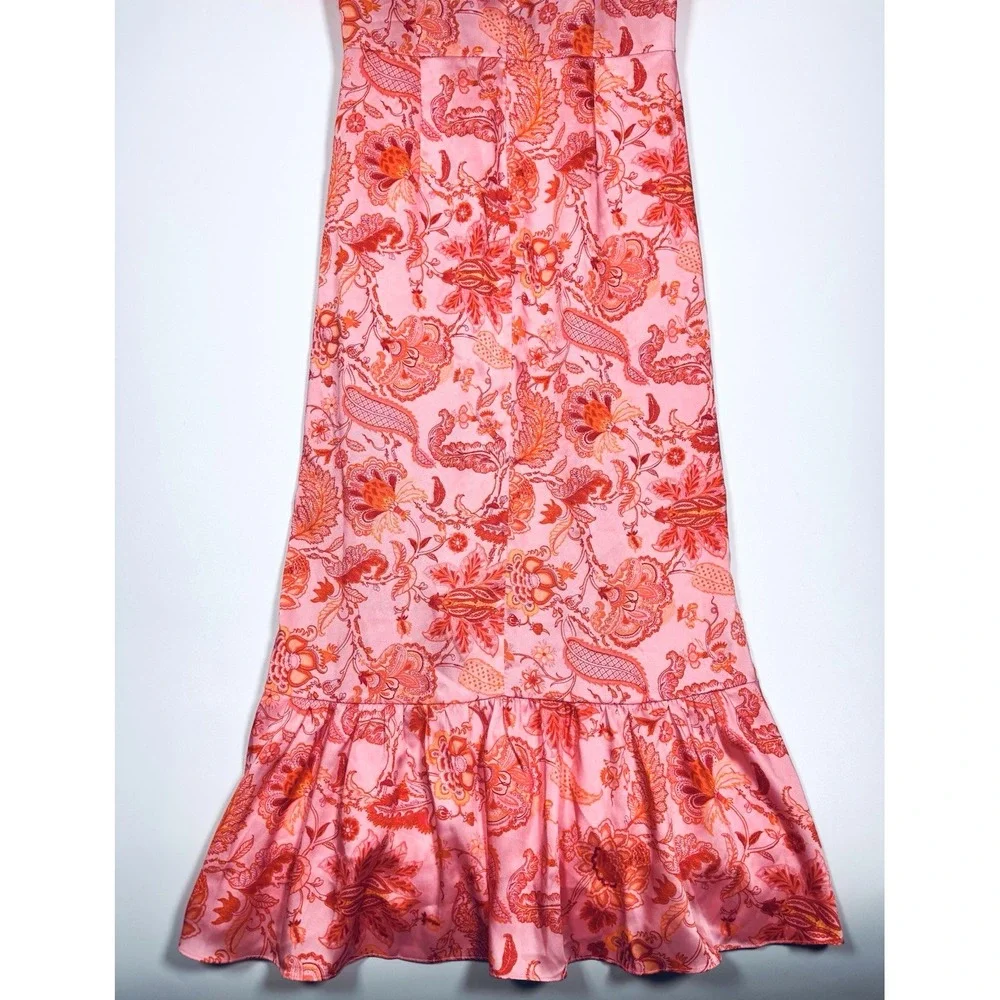 5a7 Cinq a Sept Kay Midi Dress Size 2 Pink Orange Floral Ruffle Faux Wrap Party
